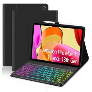Case with Keyboard for Amazon Fire Max 11 inch (13th Generation, 2023 Release),7 Color Rainbow Backlit Detachable Type-C Charging Keyboard Magnetic Case Pen Holder 13th Gen-Black with Black