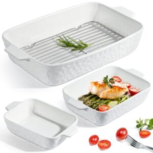 Casserole Dishes for Oven, Porcelain Baking Dishes, Ceramic Bakeware Sets of 3, Large Lasagna Pans with Handles, Ceramic Baking Dish Set with Roasting Racks, Non-Slip & Stackable Nesting Set