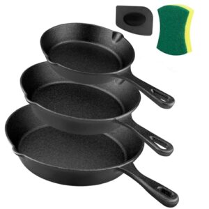 Cast Iron Skillet Set -3 Piece 6 inch, 8 inch and 10 inch Cast Iron Pan, with Scraper+Dish Sponge – Oven Grill Stovetop Safe Cookware – Black