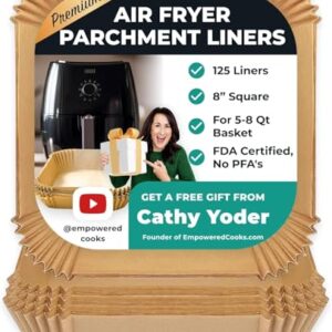 Cathy Yoder’s AirFryer Paper Liners, 125 PCS 8-inch Square Air Fryer Liners Disposable, Premium, Food-Grade Easy Cleanup Air Fryer Parchment Paper Sheets, Airfryer Liner for 5-8QT, Baking & Roasting