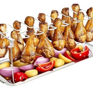 Chicken Leg Rack for Grill 14 Slots with Drip Tray – Sturdy Stainless Steel Chicken Drumstick Holder for Smoker – High Capacity Chicken Leg Rack for Oven, Grilling, Easy to Clean