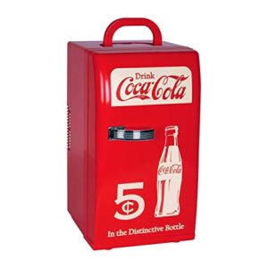 Coca-Cola Retro 18 Can Mini Fridge w/ 12V DC and 110V AC Cords, 22L (23 qt), Portable Cooler, Red, Travel Fridge for Drinks, Snacks, Lunch, Home, Office, Dorm Room, RV