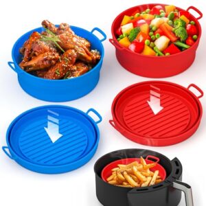 Collapsible Silicone Air Fryer Basket Liners Pot – AirFryer Liners Reusable Bowls for 3 to 5 qt As Seen on the Today Show – Air Fryer Accessories 2 Pack – Round Silicone Liners (Red & Blue)