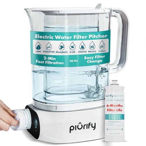 Countertop Electric Water Filter Pitcher with 6-Month UltraFiltration - Fast 2-Min Filtration, Removes 99% Lead, PFAS, Mercury & Chlorine - BPA Free, 50oz Capacity