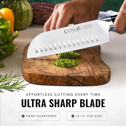 Cutluxe Santoku Knife – 7" Chopping Knife, Vegetable Knife – Forged High Carbon German Steel – Sheath Included – Full Tang & Razor Sharp – Ergonomic Handle Design – Artisan Series - Image 4