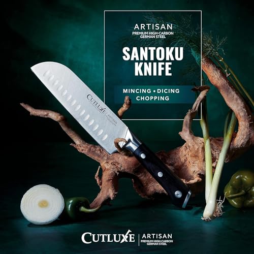 Cutluxe Santoku Knife – 7" Chopping Knife, Vegetable Knife – Forged High Carbon German Steel – Sheath Included – Full Tang & Razor Sharp – Ergonomic Handle Design – Artisan Series - Image 5