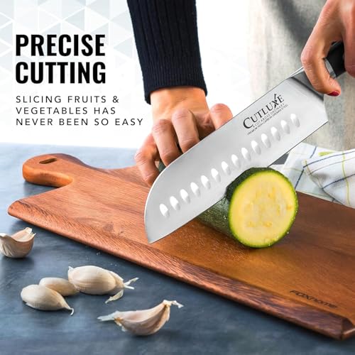 Cutluxe Santoku Knife – 7" Chopping Knife, Vegetable Knife – Forged High Carbon German Steel – Sheath Included – Full Tang & Razor Sharp – Ergonomic Handle Design – Artisan Series - Image 7