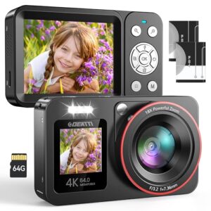 DEATTI Digital Camera FHD 4K 64MP with Dual Screens 64GB SD Card 2 Batteries,18X Zoom,Anti Shake Portable Rechargeable Selfie Camera for Teens Boys Girls Kids