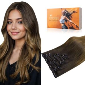 DOORES Hair Extensions Clip in Human Hair, Chocolate Dip Color Melt 14 Inch 7pcs 120g, Clip in Human Hair Extensions Real Hair Extensions Natural Straight