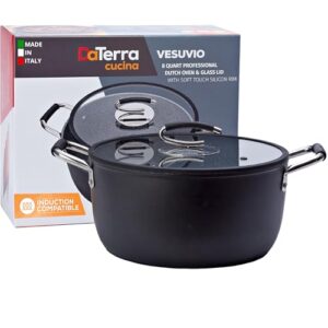DaTerra Cucina – 8 Qt Nonstick Ceramic Dutch Oven with Lid – Large Stock Pot, Oven & Induction Safe, Heavy Duty, Lightweight, Lead & PFOA Free, Volcanic Black | Made in Italy