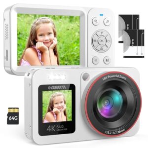 Deatti Digital Camera,FHD 4K Camera with Dual Screen 64GB SD Card 2 Batteries,Digital Point and Shoot Camera,18X Zoom,Anti Shake Portable Rechargeable for Boys Girls Kids,White