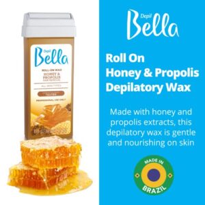 Depil Bella Hard Wax Bundle, Three Roll on Honey and Propolis Depilatory Wax 3.5 oz – One Dolomite Powder 800 grs and 100 Non-Woven Cloth Waxing Strips – 100% Natural Fiber