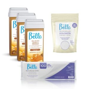 Depil Bella Hard Wax Bundle, Three Roll on Honey and Propolis Depilatory Wax 3.5 oz – One Dolomite Powder 800 grs and 100 Non-Woven Cloth Waxing Strips – 100% Natural Fiber