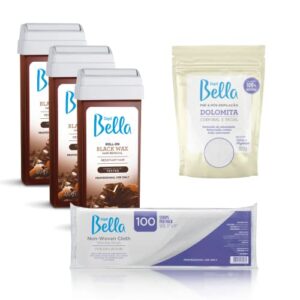 Depil Bella Wax Bundle, Three Roll on Black Depilatory Wax 3.5 oz – One Dolomita Powder and 100 Non-Woven Cloth Waxing Strips – 100% Natural Fiber