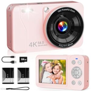 Digital Camera, 4K 64MP, 18X Zoom, Point and Shoot Digital Camera with 64GB SD Card & 2 Batteries, Portable Rechargeable Small Camera for Kids Teens Adult, Pink