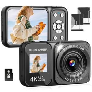 Digital Camera, 4K 64MP Dual Screens Camera, 18X Zoom, Point and Shoot Digital Camera with 64GB TF Card & 2 Batteries, Portable Rechargeable Small Camera for Kids Teens Adult, Black