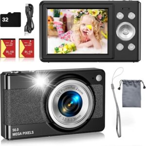 Digital Camera- 56MP FHD 1080P Camera for Kids, Point and Shoot with 16X Zoom Anti Shake, Kid Camera with 32GB TF Card, Two Batteries, Lanyard, Compact Portable Camera for Kids Teens Beginners（Black