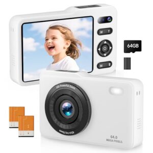 Digital Camera, 64MP FHD Dual Lens Autofocus Point and Shoot Digital Camera, 16x Zoom Vlogging Camera with 64GB Micro SD Card, Compact Kids Camera Gift for Boys and Girls (White)