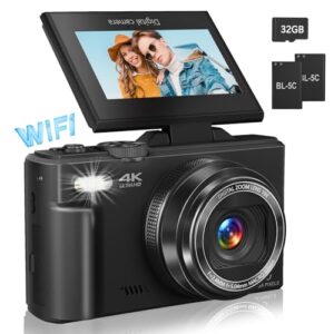 Digital Camera for Photography, 4K Vlogging Camera for YouTube 3″ 180° Flip Screen 18X Digital Zoom Compact Retro Cameras with 32GB TF Card & 2 Batteries, Black