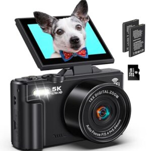 Digital Cameras for Photography 5K – 72MP Vlogging Camera for YouTube WiFi – UHD Autofocus Vlog Camera 3″ 180° Flip Screen with 18X Zoom – Travel YouTube Camera Compact with 32GB SD Card, 2 Batteries