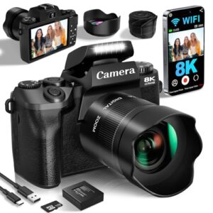 Digital Cameras for Photography, 8K 64MP Vlogging Camera for YouTube with 4″ Touch Screen, Dual Front/Rear Cameras with LED Fill Light, 3000mAh Battery, Lens Hood, Hot Shoe & 32GB TF Card
