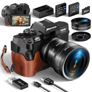 Digital Cameras for Photography and Video,4K 48MP Vlogging Camera for YouTube with 180° Flip Screen,16X Digital Zoom,52mm Wide Angle,Leather Hold & Strap, 2 Batteries, 32GB TF Card