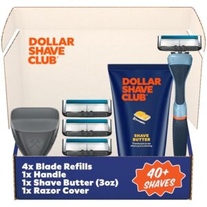 Dollar Shave Club | The Member Exclusive Shave Set | 4 Extra Close Refill Cartridges, 1 Handle (Blue), 1 Shave Butter 3 ounce, 1 Razor Cover