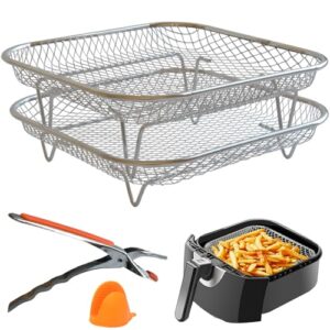 Dual-Layer Air Fryer Rack Set with Elevated and Regular Support Legs. 304 Stainless Steel Mesh Baskets, Versatile Use for Air Fryer, Oven. Dishwasher Safe.