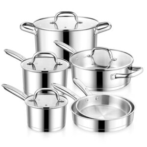 E-far 10-Piece Stainless Steel Cookware Set, Induction Pots and Pans Set with Tri-Ply Base, Non-toxic Kitchen Cooking Set w/Frying Pan, Saucepan, Saute Pan, Stockpot with Lids, Oven & Dishwasher Safe