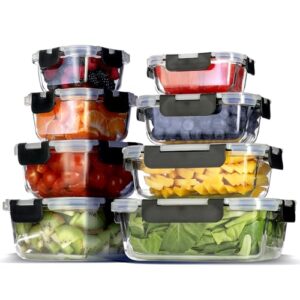 EATEX 16pc Glass Food Storage Containers with Lids, Airtight Glass Meal Prep Containers, 8 Reusable Glass Food Containers with 8 Leakproof Snap Lock Lids, Oven Microwave Freezer Safe Lunch Containers