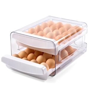 Egg Container Holders Dispenser for Refrigerator 40 Eggs, 2 Tier Clear Stackable Holder Tray with Drawer for Fridge, Storage Container with Handles for Refrigerator, Countertop