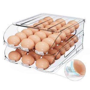 Egg Holder for Fridge, Automatic Steady Rolling Egg Dispenser with Silicone Bumpers & Handle for Refrigerator, Large Capacity Egg Organizer with Lid