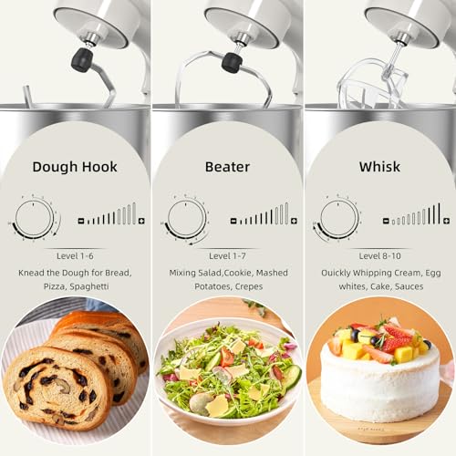 Electric Stand Mixer,10 Speeds Tilt-Head Food Mixer, 3-IN-1 Kitchen Mixer for Daily Cooks with 6.5 QT Bowl,Dough Hook, Beater, Whisk (Almond Cream) - Image 7