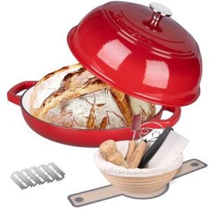 Enameled Cast Iron Dutch Oven Pot with Lid, Bread Oven for Sourdough Bread Baking, Dutch Ovens with Bread Proofing Basket& Baking Supplies Set, 6 Quart, Red