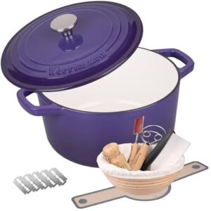 Enameled Cast Iron Dutch Oven Pot with Lid, for Bread Baking, Round Bread Oven- include Sourdough Bread Baking Supplies Set, 6QT, Purple