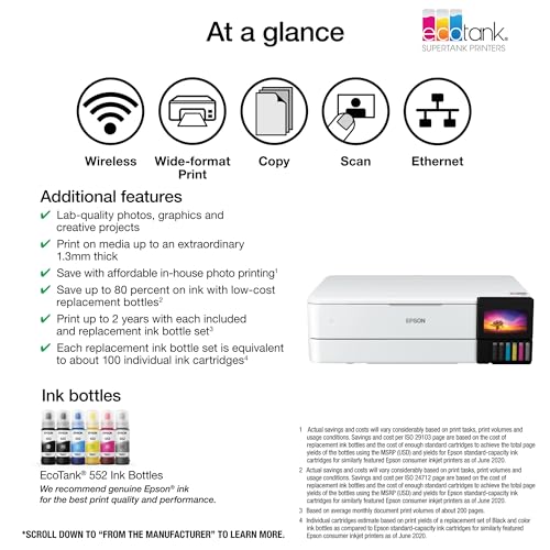 Epson EcoTank Photo ET-8550 Wireless Wide-Format All-in-One Supertank Printer with Scanner, Copier, Ethernet and 4.3-inch Color Touchscreen, Large, White - Image 3