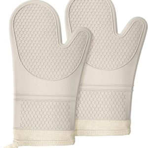 Extra Long Silicone Oven Mitts, Heat and Slip Resistant Oven Mitts with Soft Cotton Lining Non-Slip Textured Grip, Long Flexible Thick Gloves for BBQ, Baking, Cooking, 12.59 inches, Khaki