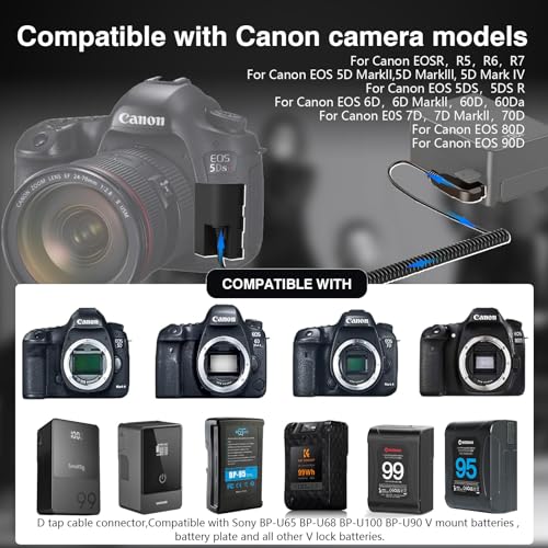 F1TP D-Tap to DR-E6 Dummy Battery Coiled Cable for V-Mount Battery - Replace LP-E6, LP-E6N, LP-E6NH Coupler for Canon EOS 5DS, 5DSR, 5D Mark II, 5D III, 5D IV, 60D, 60Da, 6D, 70D, 7D, 7D II, 80D - Image 4