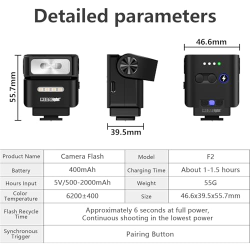 F2 Mini Camera Flash 2.4GHz Wireless Off-Camera Flash for Canon/Sony ZV1/Fuji/Nikon/Ricoh Gr3/Digital Camera/Hot Shoe Flash for DSLR Camera/Magnetic Base & 10m Remote Control(Black). - Image 4