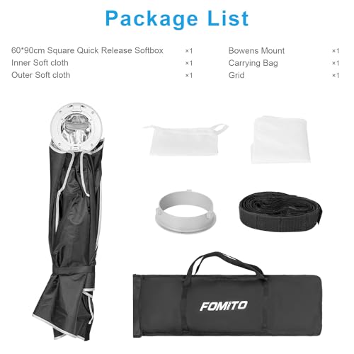 FOMITO 24"x35"/60x90cm Rectangular Softbox, Quick Release Bowens Mount Softbox with Honeycomb Grid, Light Diffusers, Bag for Godox SL-60W SL60IID SL150R SL300R Aputure 120d etc - Image 6