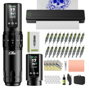 Filter Tattoo Stencil Printer Kit – Printer Machine with 7 Strokes 2.0-4.0mm Tattoo Gun Machine, Extra 1600mAh Power Supply, 20Pcs Tattoo Cartridge Needles for Beginners and Artists
