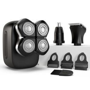 FlexSeries Pro Electric Head & Body Shaver – Mens Cordless Rechargeable Wet/Dry Skull Bald Head Back & Groin Waterproof Razor with Rotary Blades, Clippers, Nose Trimmer, Brush, Massager