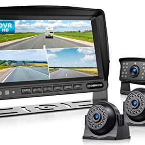 Fookoo HD 1080P 7″ Wired Backup Camera System, 7-inch Quad Split Screen Monitor W/Recording, IP69 Waterproof Side & Rear View Cameras, Parking Lines for Truck/Trailer/RV/Tractor/ 5th Wheel (DY703)
