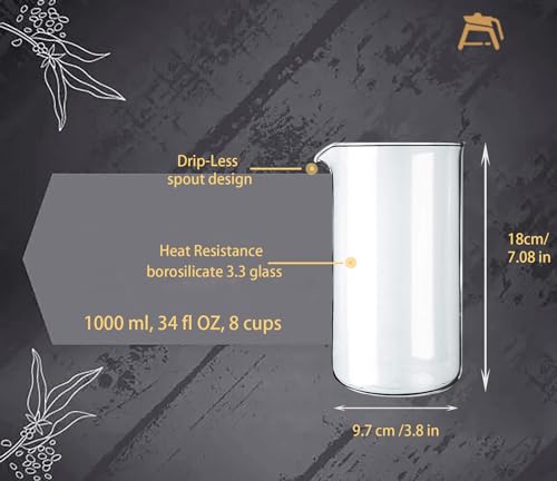 French Press glass Beaker, 34 oz, compatible with Bodum, Bayka,Utopia ... most of 34oz french press in market, Borosilicate 3.3 Glass, Universal Replacement Beaker for Coffee and Tea Makers, - Image 3
