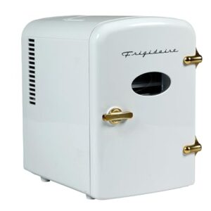 Frigidaire Retro Mini Personal Fridge Cooler, Holds up to 9 Cans, Portable for Car, Office, Bedroom, Dorm Room, or Cabin, Includes 110V AC and 12V DC cords – White Gold (Special Edition Color)