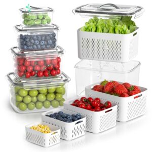 Fruit Storage Containers for Fridge – 5 Size Berry Containers for Fridge Keep Fresh with Colanders and Vent Handle Lids, Clear Vegetable Storage Containers for Refrigerator, Lettuce Keeper
