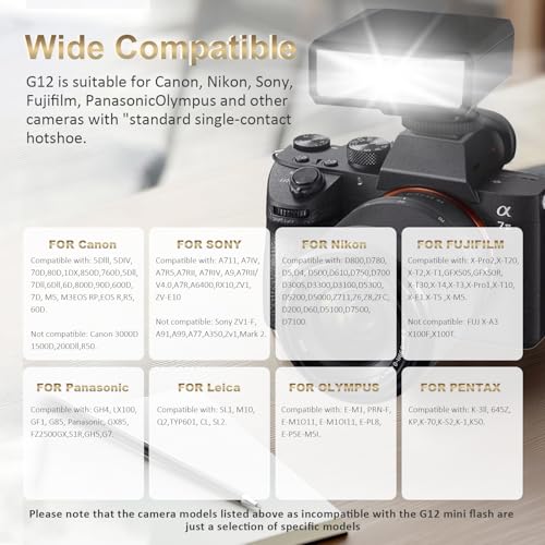 G12 Mini Camera Flash Speedlite, GN12 5600K,USB-C Charging Built-in 1200mAh Battery Compatible for Canon/Sony/Fujifilm/Nikon/Panasonic/Olympus,Speedlight Photography for Cameras with Single-Contact - Image 6