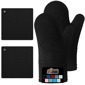 GORILLA GRIP BPA-Free Soft SIlicone Oven Mitts and Potholder Set of 4 Heat Resistant Hot Pads, Thick Cotton Lined Cooking Mitt, Long Gloves Protect Hands, Kitchen Waterproof Trivet Mats, 12.5 in Black