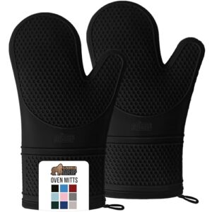 GORILLA GRIP Heat Resistant Durable Silicone Oven Mitts, BPA-Free Protective Grilling Potholders, Soft Cotton Lining, Flexible Waterproof Cooking Mitt Set, Kitchen Home Essentials, 12.5×8.3, Black