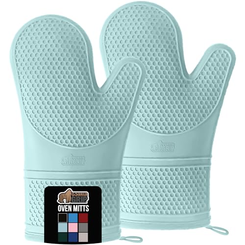 GORILLA GRIP Heat Resistant Durable Silicone Oven Mitts, BPA-Free Protective Grilling Potholders, Soft Cotton Lining, Flexible Waterproof Cooking Mitt Set, Kitchen Home Essentials, 12.5x8.3, Mint - Image 2